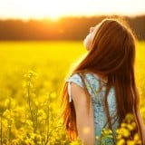 女性 花畑 希望 太陽 光