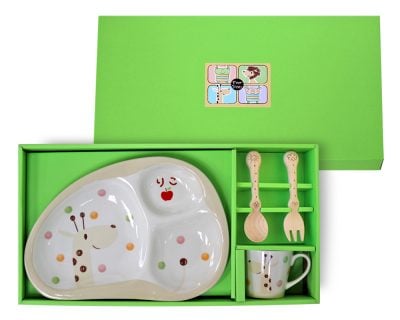 要出典 お食い初め用食器 竹堂園 のっぽのポノ(キリン) 名前入り 子ども食器ギフトセットM