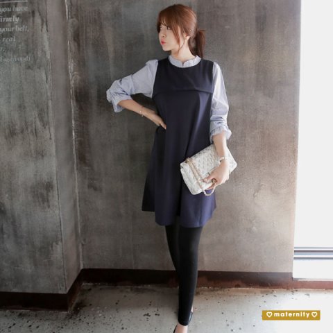 要出典 授乳服 可愛いAラインのストライプ授乳ワンピ長袖
