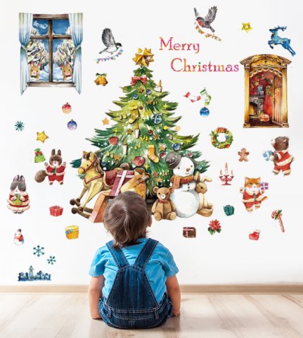 要出典 クリスマスステッカー シルキー ウォールステッカー 動物たちのハッピークリスマス