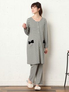 ボーダーワンピ×産後も使えるパンツセットパジャマ 妊婦服 前開き