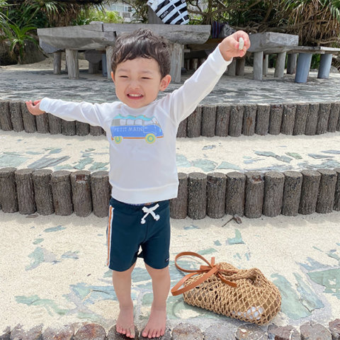 要出典 ベビー水着 男の子 プティマイン 車プリントTシャツ×パンツ水着セット