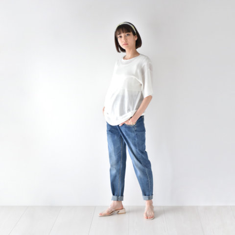 要出典 妊娠服 パールズ マタニティデニム テーパードボーイズダメージ