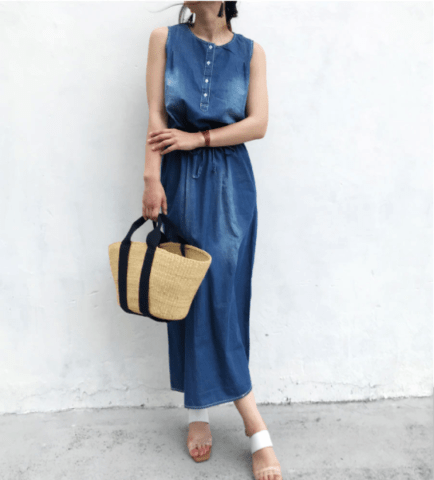 要出典 妊婦服 おすすめ ミルクティー マタニティ デニム2wayロングワンピース
