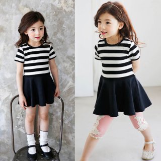 要出典 子供用ワンピース 子供服 ボーダー柄 ドッキング 半袖ワンピース