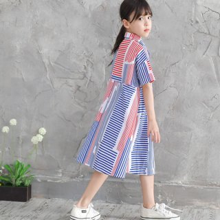 要出典 子供 ワンピース ランダムストライプ柄 襟付き シャツワンピース 子供服