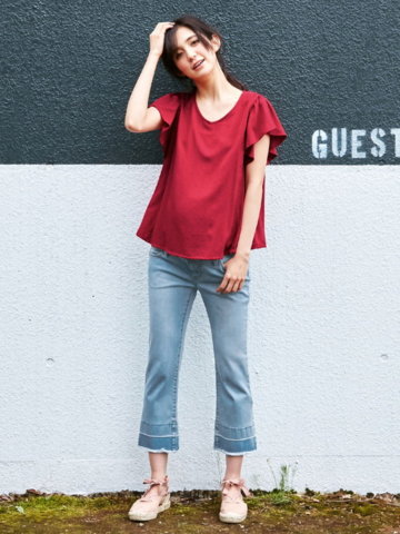 要出典 マタニティ デニム エンジェリーベ マタニティ パンツ ハイストレッチ トラペーズ デニム