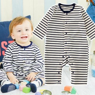 要出典 ロンパース 赤ちゃん チャックル ボーダー 長袖 前開き カバーオール
