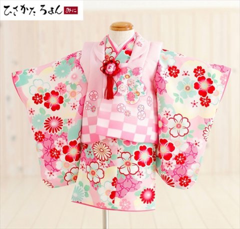 要出典 ひな祭り 衣装 レンタル着物 1歳女の子用 ひさかたろまん×ピンク市松